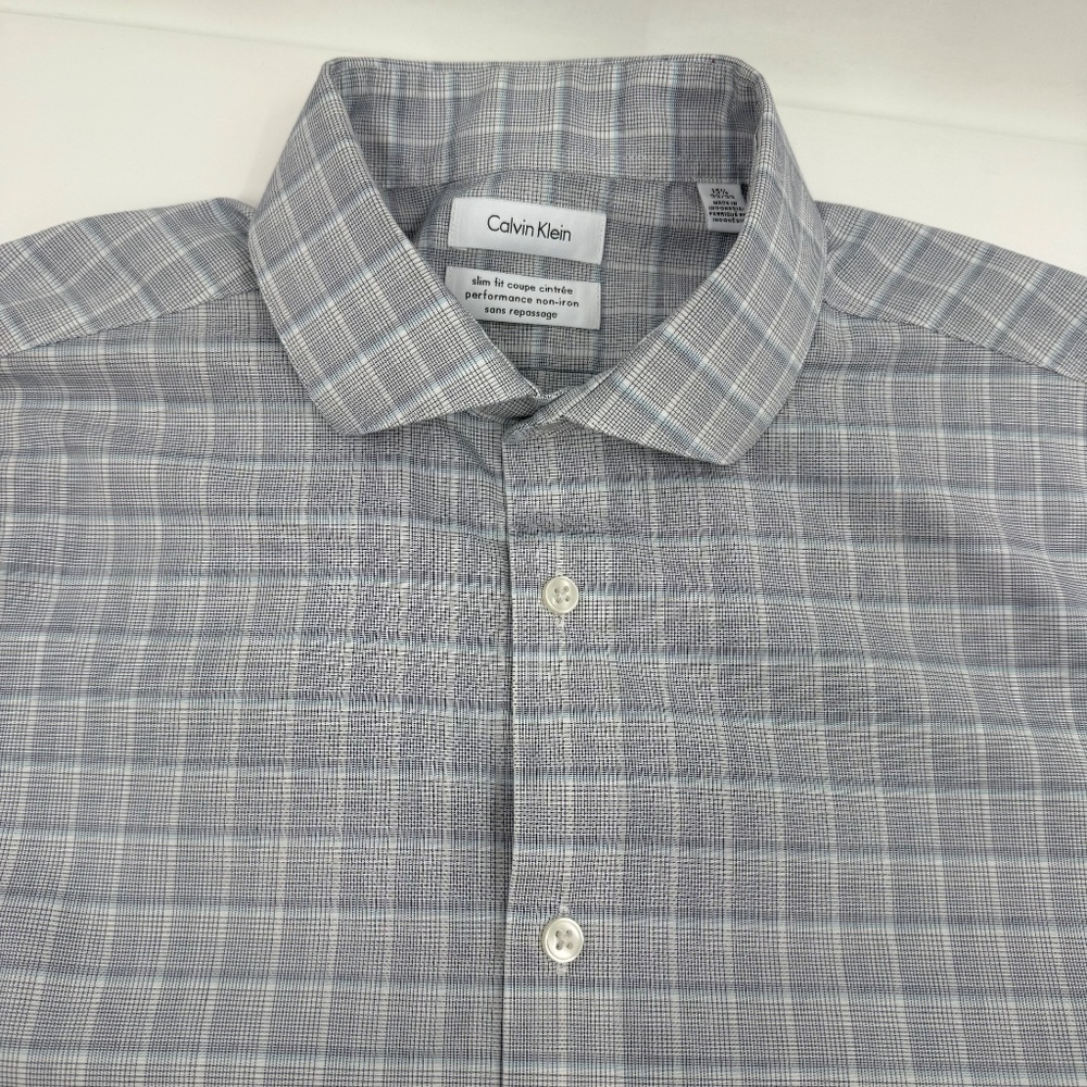 Calvin Klein Shirt Men 15.5 Gray Long Sleeve Button Up Slim Fit Plaid Non Iron